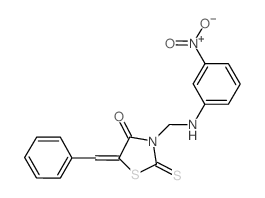 5-benzylidene-3-(((3-nitrophenyl)amino)methyl)-2-thioxo-1,3-thiazolidin-4-one (en)4-Thiazolidinone, 3-[[(3-nitrophenyl)amino]methyl]-5-(phenylmethylene)-2-thioxo- (en)