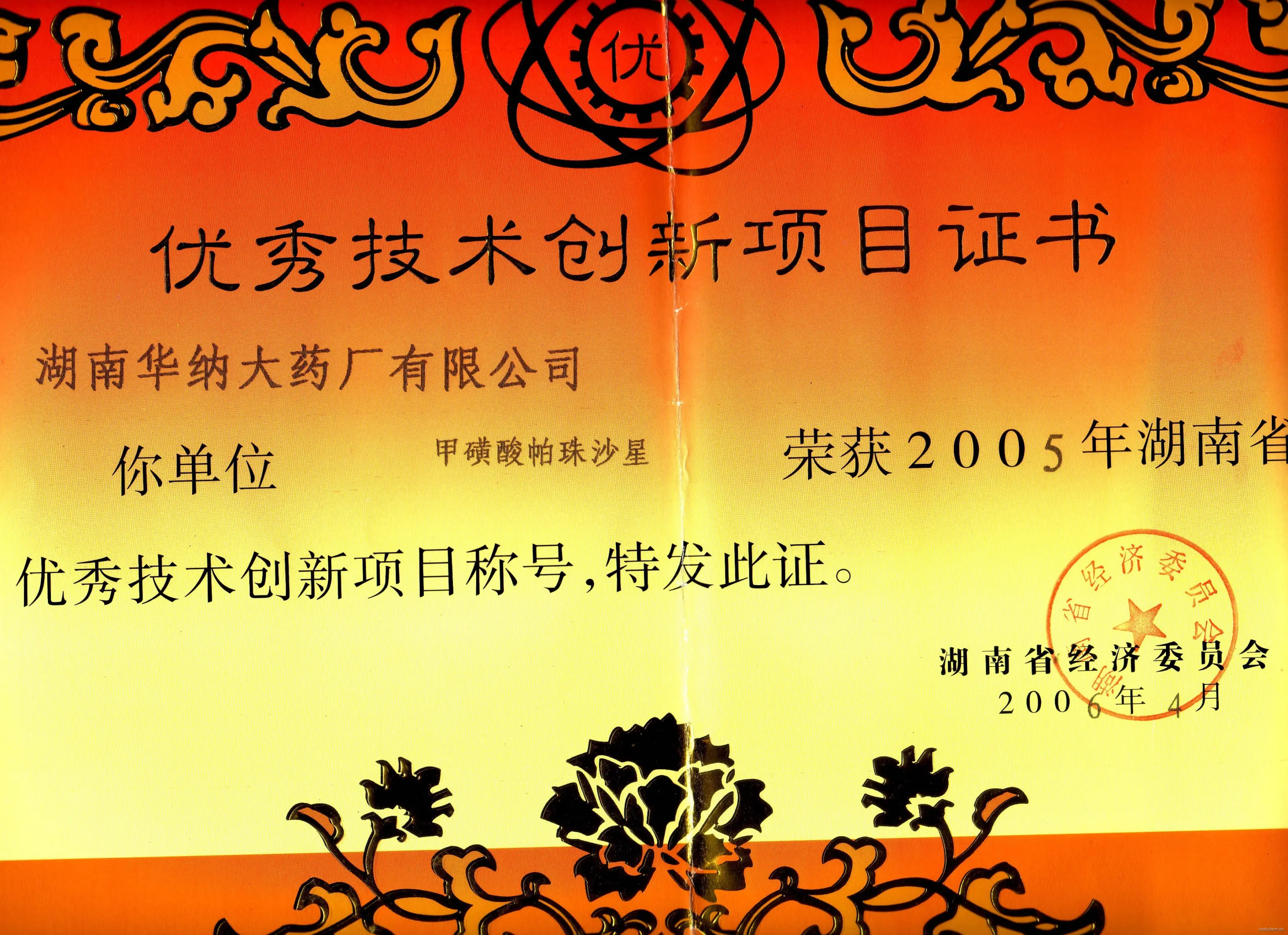 优秀技术创新项目证书