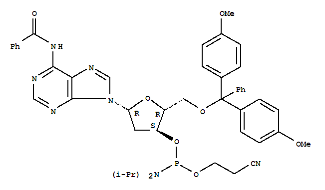 5'-O-(4,4'-二甲氧基三苯基)-N6-苯甲酰基-2'-脱氧腺苷-3'-(2-氰乙基-N,N-二异丙基)亚磷酰胺; 5'-O-(4,4'-二甲氧基三苯基)-N6-苯甲酰基-2'-脱氧腺甙-3'-(2-氰乙基-N,N-二异丙基)亚磷酰胺